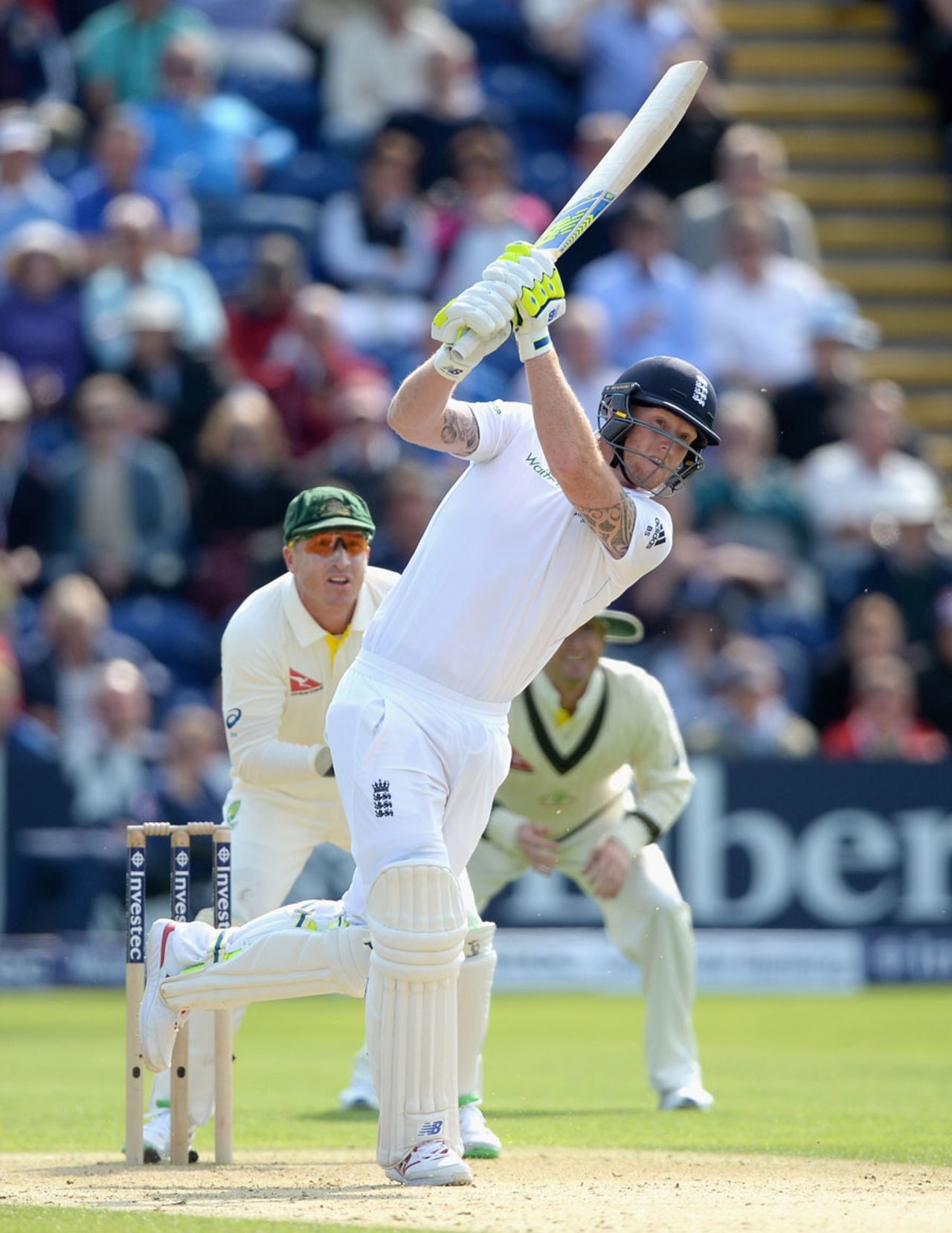 Ben Stokes hits Nathan Lyon down the ground for six, England v Australia, 1st Investec Ashes Test, Cardiff, 1st day, July 8, 2015
