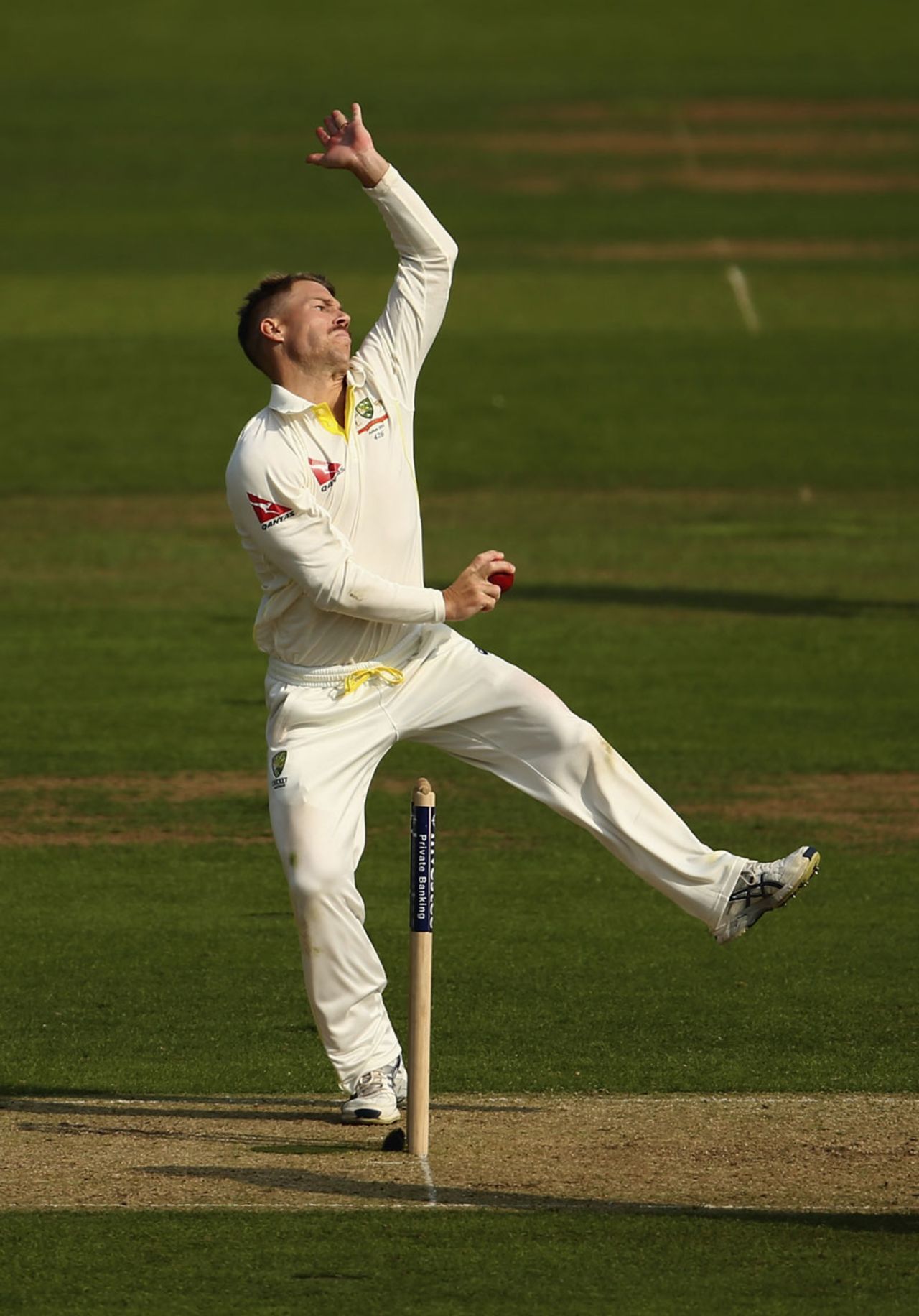 David Warner rolls his arm over for Australia, England v Australia, 1st Investec Ashes Test, Cardiff, 1st day, July 8, 2015
