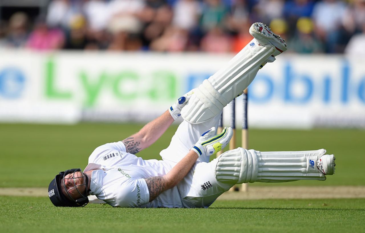 Ben Stokes took a blow on the knee as he completed a run, England v Australia, 1st Investec Ashes Test, Cardiff, 1st day, July 8, 2015
