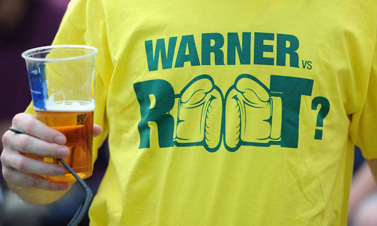 A fan's t-shirt references the David Warner-Joe Root incident from 2013, England v Australia, 1st Investec Ashes Test, Cardiff, 2nd day, July 9, 2015