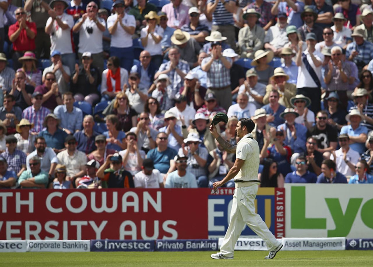 Mitchell Johnson raises his cap to the crowd after conceding his century, England v Australia, 1st Investec Ashes Test, Cardiff, 2nd day, July 9, 2015
