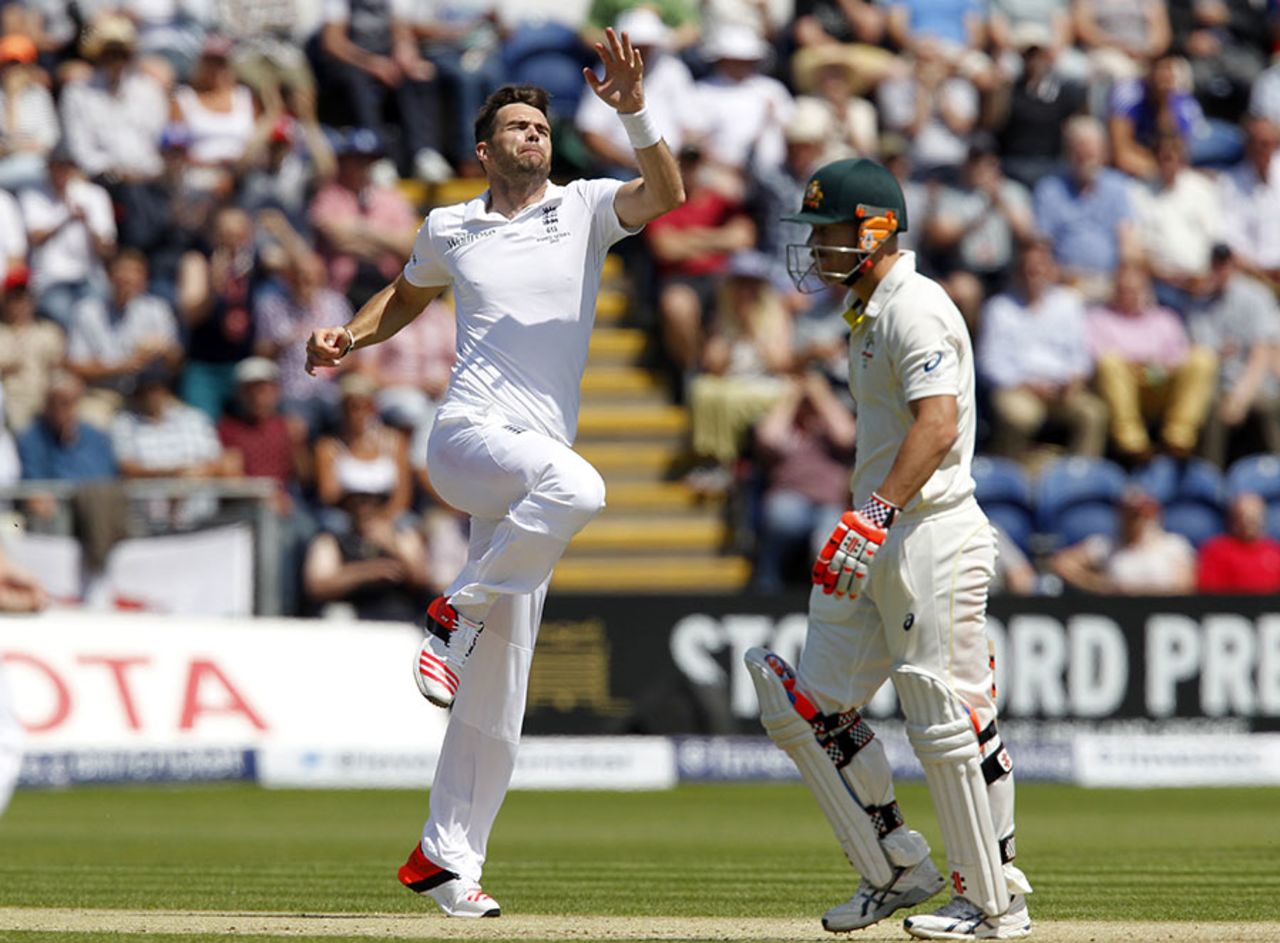 James Anderson is delighted after dismissing David Warner, England v Australia, 1st Investec Ashes Test, Cardiff, 2nd day, July 9, 2015