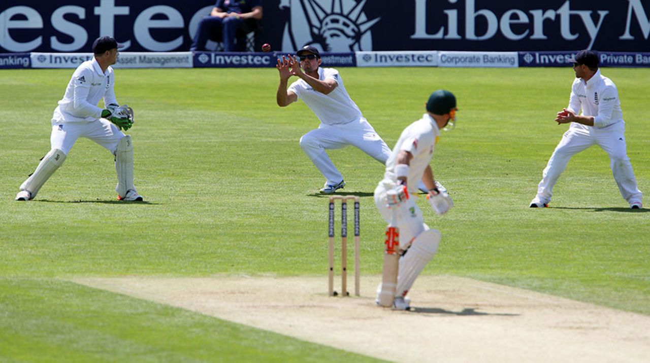 Alastair Cook catches David Warner at slip, England v Australia, 1st Investec Ashes Test, Cardiff, 2nd day, July 9, 2015