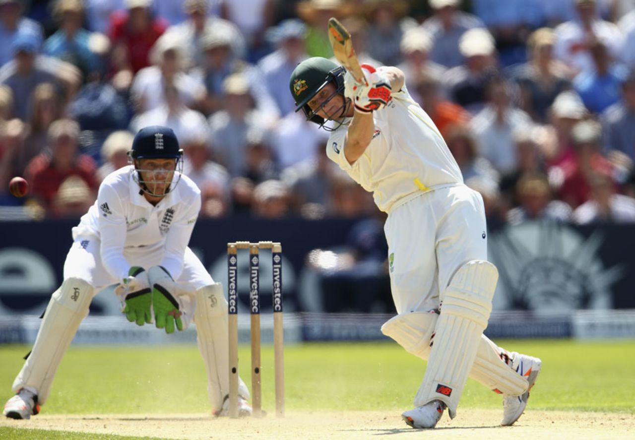 Steve Smith gets after the bowling of Moeen Ali, England v Australia, 1st Investec Ashes Test, Cardiff, 2nd day, July 9, 2015