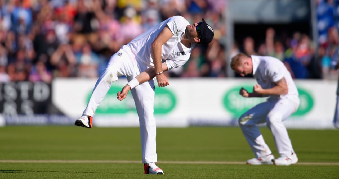 James Anderson and Ben Stokes celebrate the crucial wicket of Adam Voges, England v Australia, 1st Investec Ashes Test, Cardiff, 2nd day, July 9, 2015