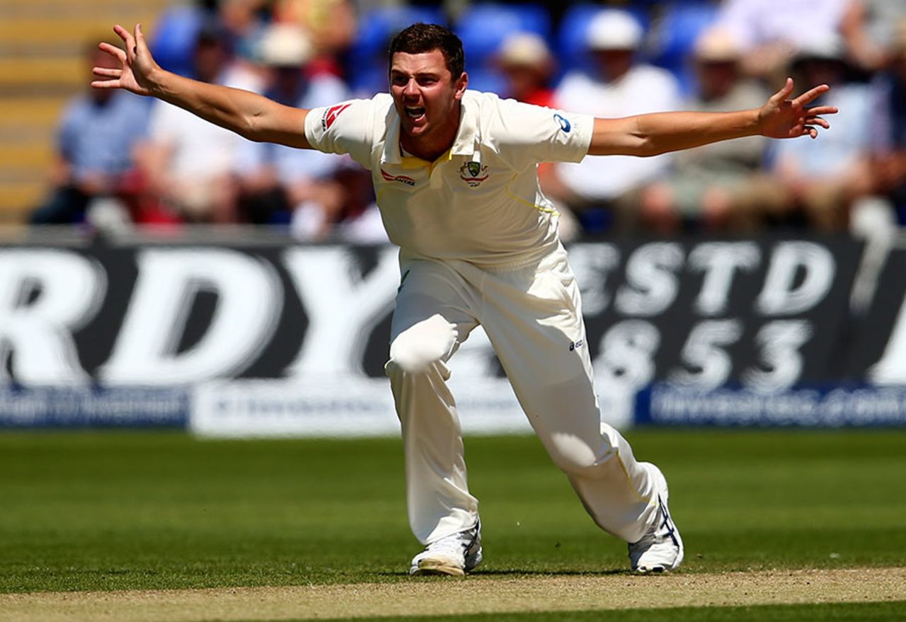 Josh Hazlewood appeals imploringly, England v Australia, 1st Investec Ashes Test, Cardiff, 3rd day, July 10, 2015