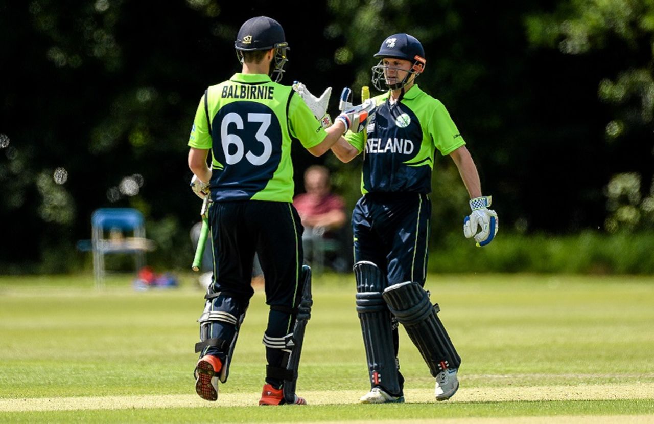 William Porterfield is congratulated by Andy Balbirnie after reaching his fifty, Ireland v Namibia, World Twenty20 Qualifier, Belfast, July 10, 2015