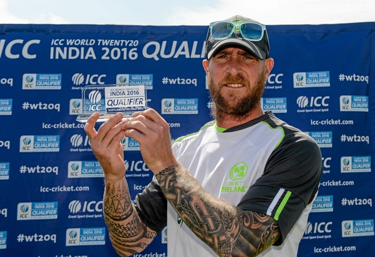 John Mooney poses with the man-of-the-match award, Ireland v Namibia, World Twenty20 Qualifier, Belfast, July 10, 2015 