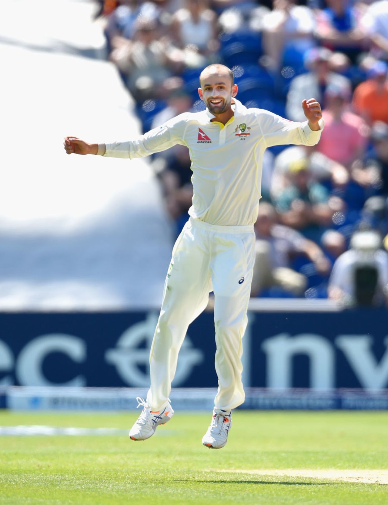 Nathan Lyon jumps for joy as Michael Clarke takes a spectacular catch to dismiss Adam Lyth, England v Australia, 1st Investec Ashes Test, Cardiff, 3rd day, July 10, 2015