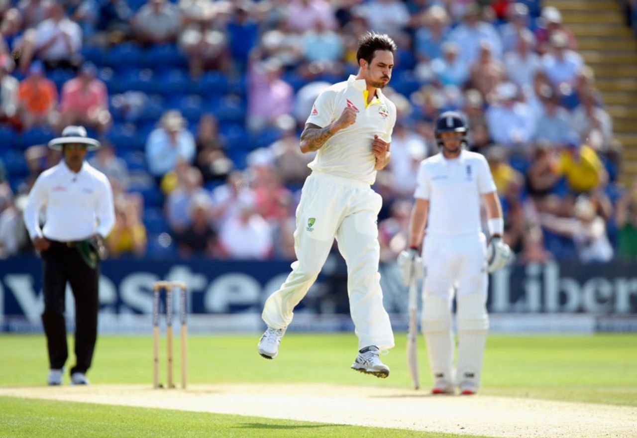 Ian Bell is bowled and Mitchell Johnson finally has a wicket to celebrate, England v Australia, 1st Investec Ashes Test, Cardiff, 3rd day, July 10, 2015
