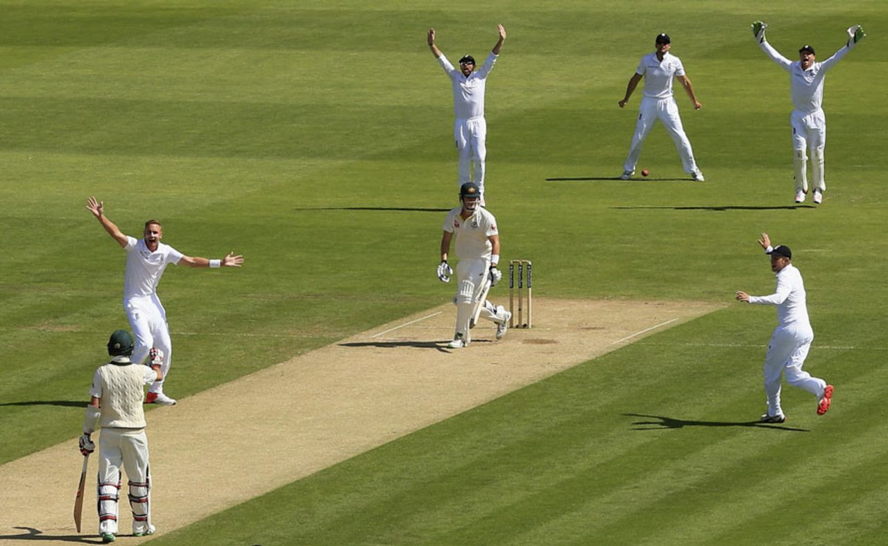England celebrate after Shane Watson is given out lbw, England v Australia, 1st Investec Ashes Test, Cardiff, 3rd day, July 10, 2015