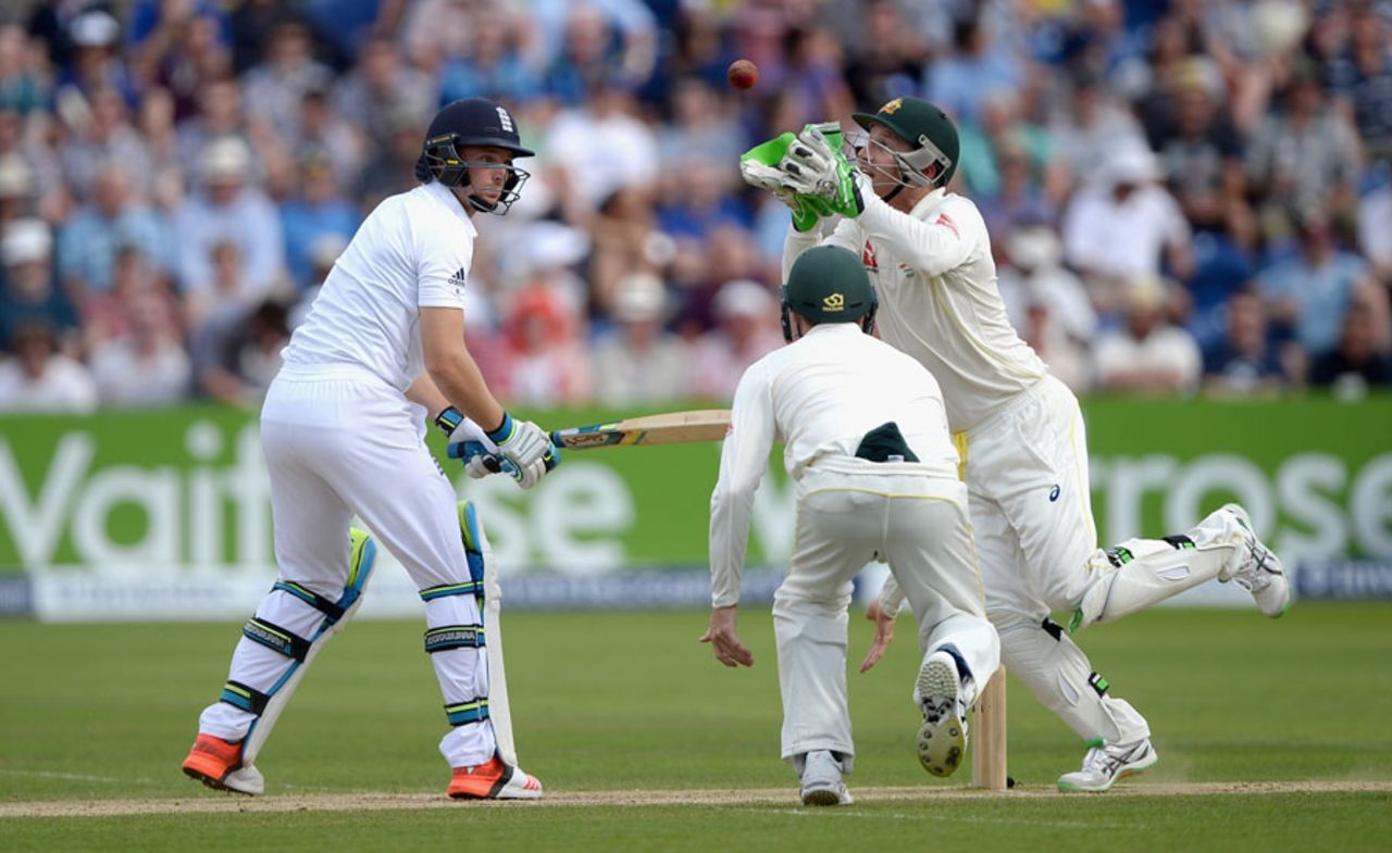 Jos Buttler is caught by Brad Haddin off the glove when trying to reverse-sweep to give Nathan Lyon his 150th Test wicket, England v Australia, 1st Investec Ashes Test, Cardiff, 3rd day, July 10, 2015