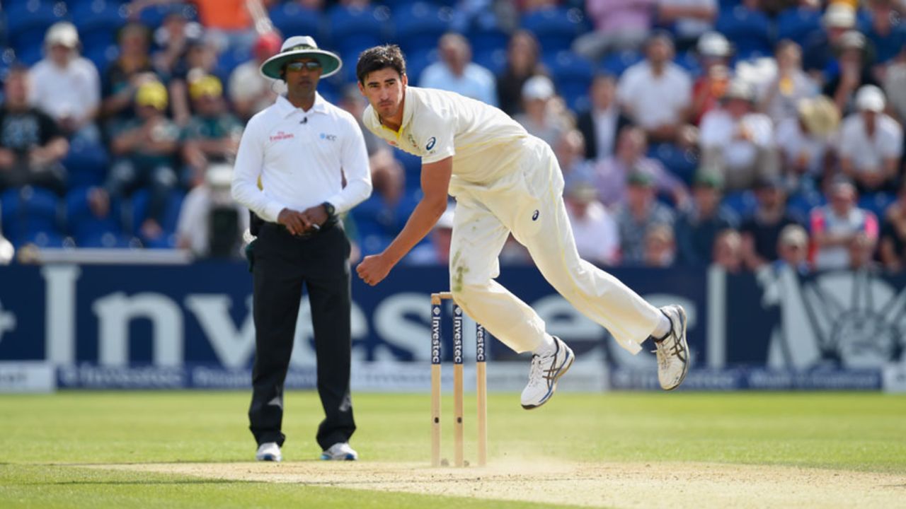 Mitchell Starc in full flight, England v Australia, 1st Investec Ashes Test, Cardiff, 3rd day, July 10, 2015 