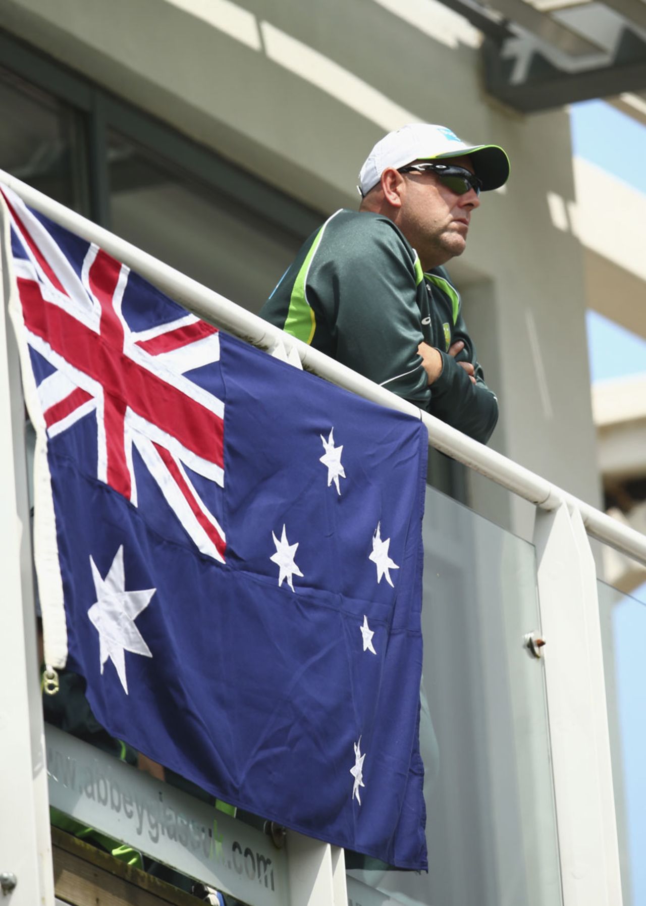 Darren Lehmann looks on at proceedings, England v Australia, 1st Investec Ashes Test, Cardiff, 1st day, July 8, 2015