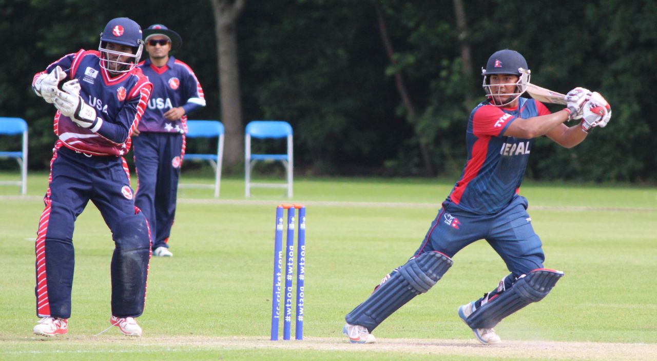 Gyanendra Malla cracks a four through the off side to bring up his fifty, Nepal v USA, World Twenty20 Qualifier, Belfast, July 10, 2015