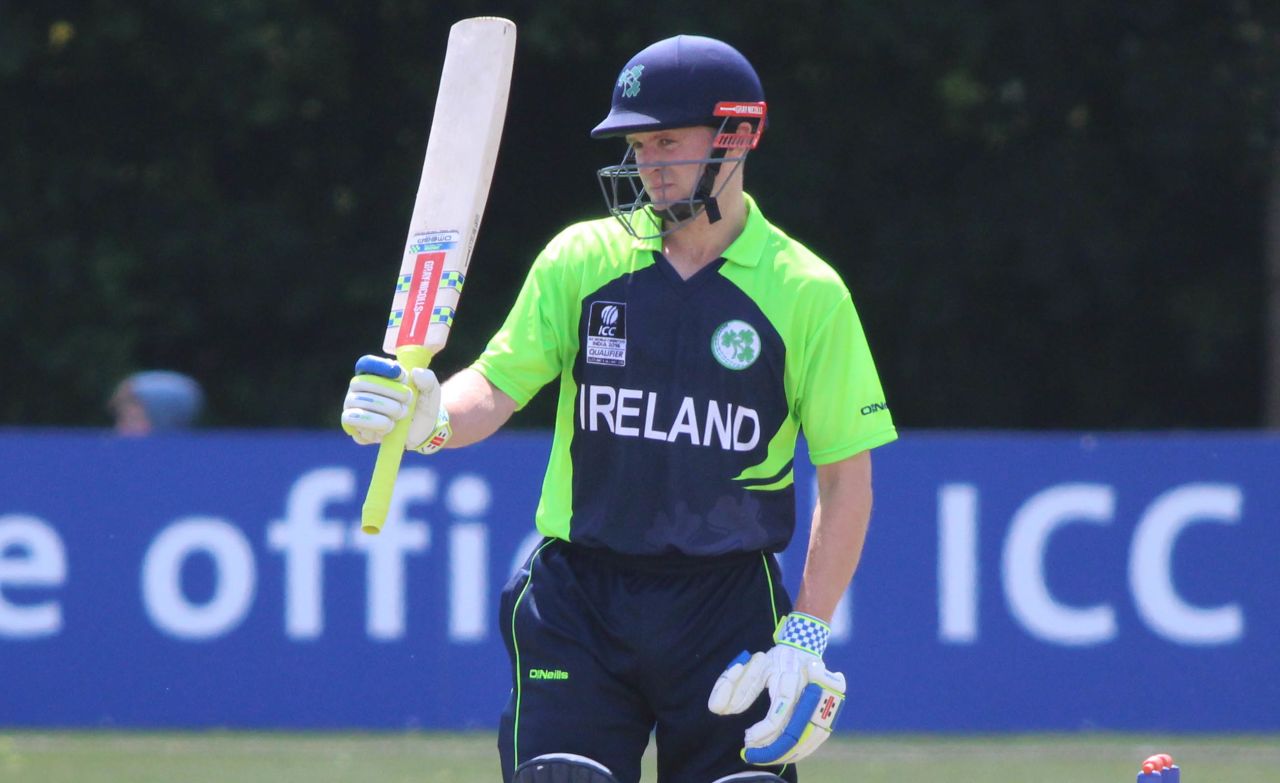 William Porterfield raises his bat after reaching fifty, Ireland v Namibia, World Twenty20 Qualifier, Belfast, July 10, 2015