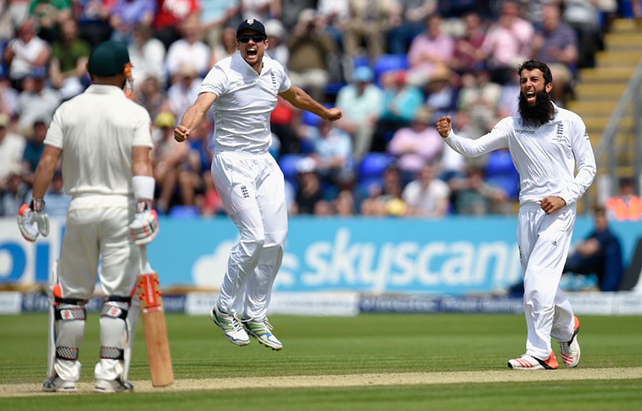 Moeen Ali celebrates the wicket of David Warner, England v Australia, 1st Investec Ashes Test, Cardiff, 4th day, July 11, 2015