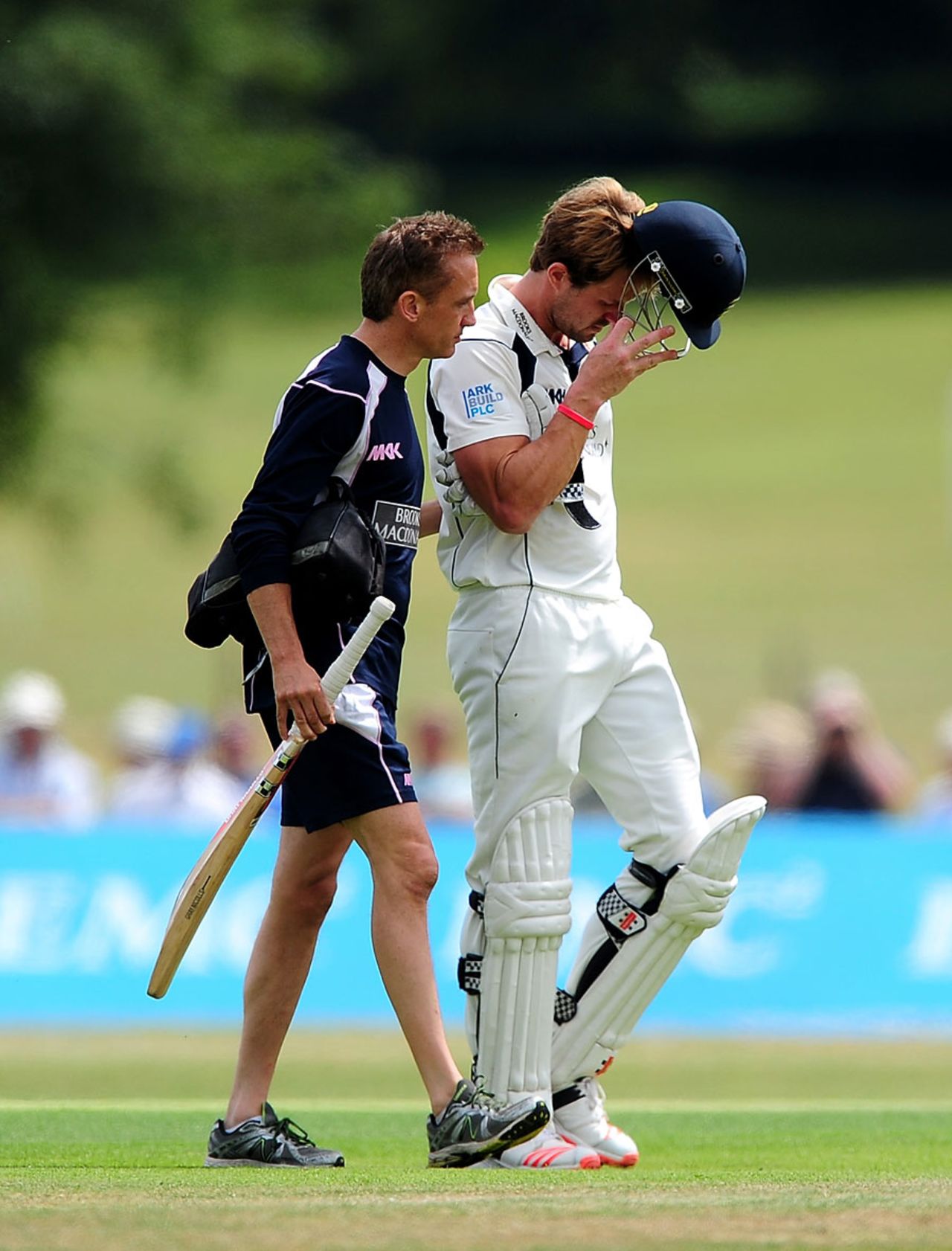 Nick Compton was forced to retire hurt after a blow to the helmet, Middlesex v Somerset, County Championship, Division One, Merchant Taylor School, 1st day, July 11, 2015