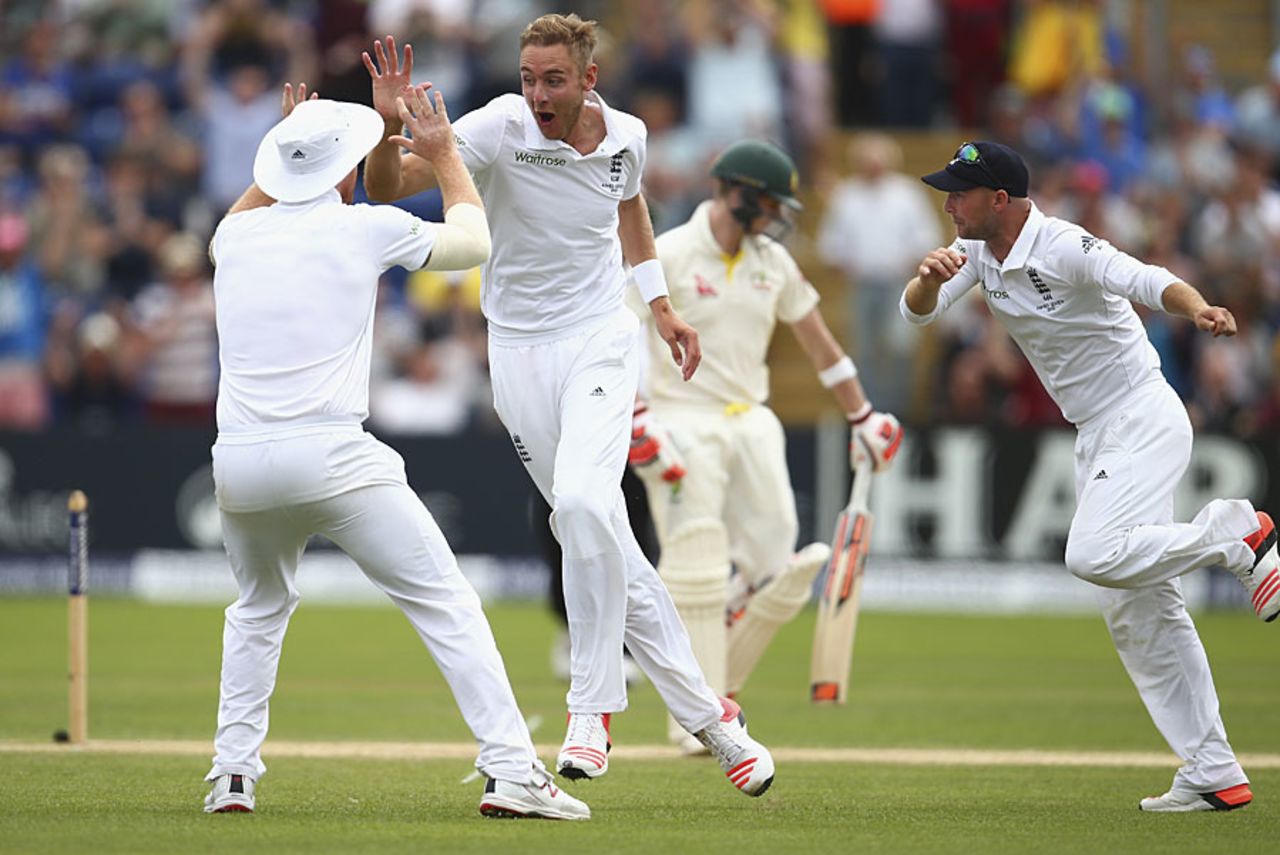 Stuart Broad claimed the key scalp of Michael Clarke for 4, England v Australia, 1st Investec Ashes Test, Cardiff, 4th day, July 11, 2015