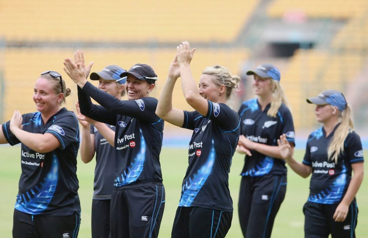 The New Zealand players celebrate their win, India v New Zealand, 1st women's T20, Bangalore, July 11, 2015