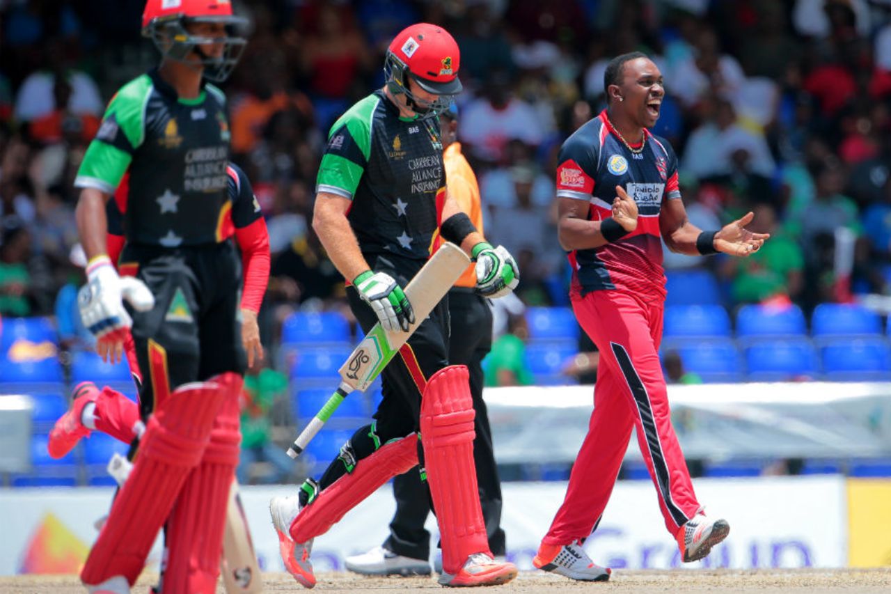 Dwayne Bravo celebrates the wicket of Martin Guptill, St Kitts and Nevis Patriots v Trinidad & Tobago Red Steel, CPL 2015, Basseterre, Jul 11, 2015