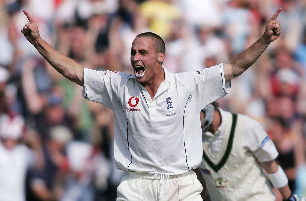 Simon Jones celebrates after bowling Michael Clarke, England v Australia, 3rd Test, Old Trafford, August 15, 2005