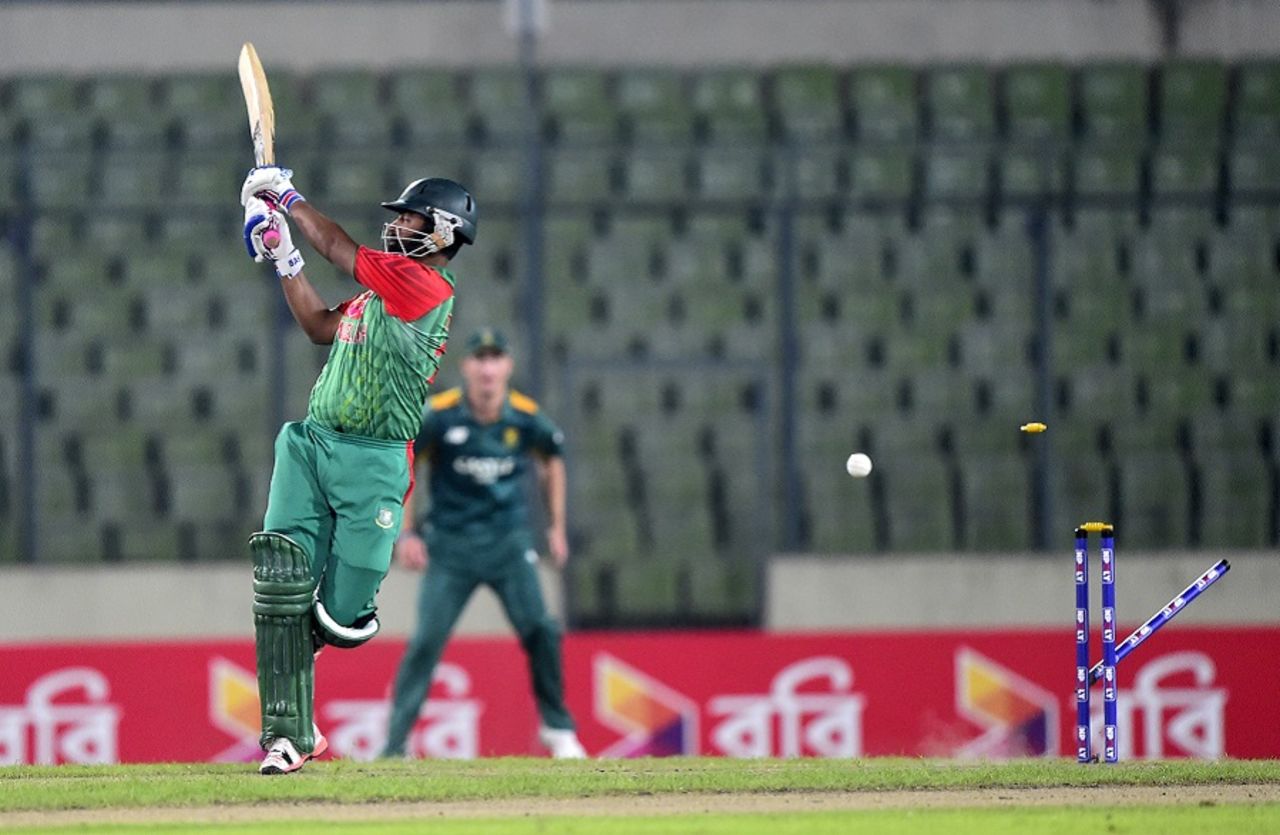 Tamim Iqbal gets an inside edge on to his stumps off Kagiso Rabada, Bangladesh v South Africa, 2nd ODI, Mirpur, July 12, 2015