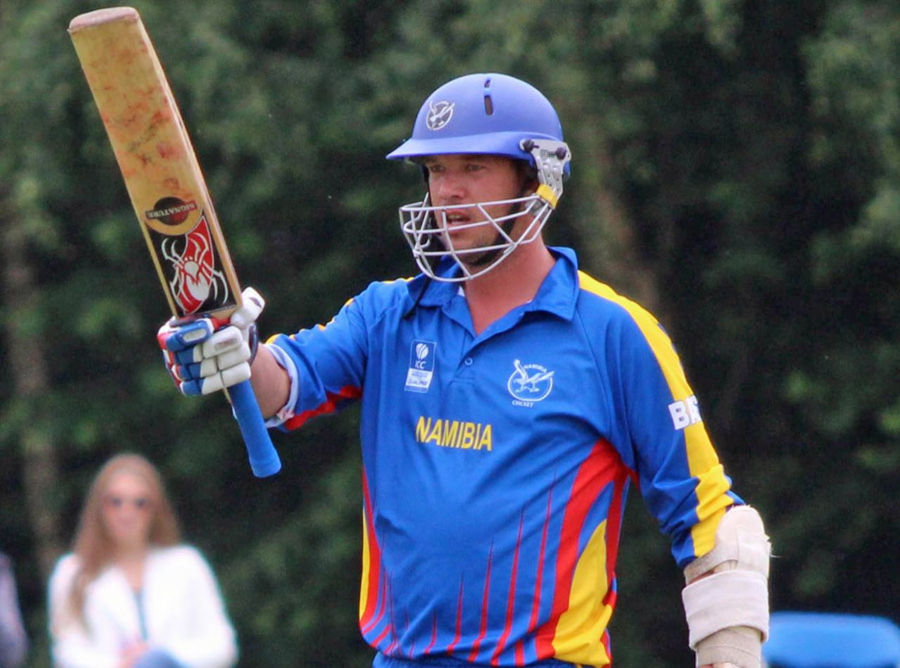 Gerrie Snyman raises his bat after scoring a swift fifty, Namibia v United States of America, World Twenty20 Qualifier, Group A, Belfast, July 13, 2015
