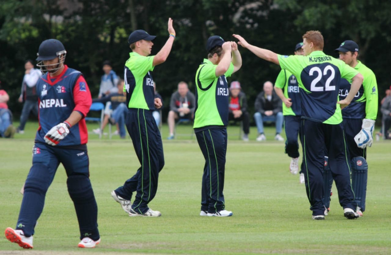 Kevin O'Brien celebrates the wicket of Sharad Vesawkar, Ireland v Nepal, World T20 Qualifier, Group A, Belfast, July 13, 2015
