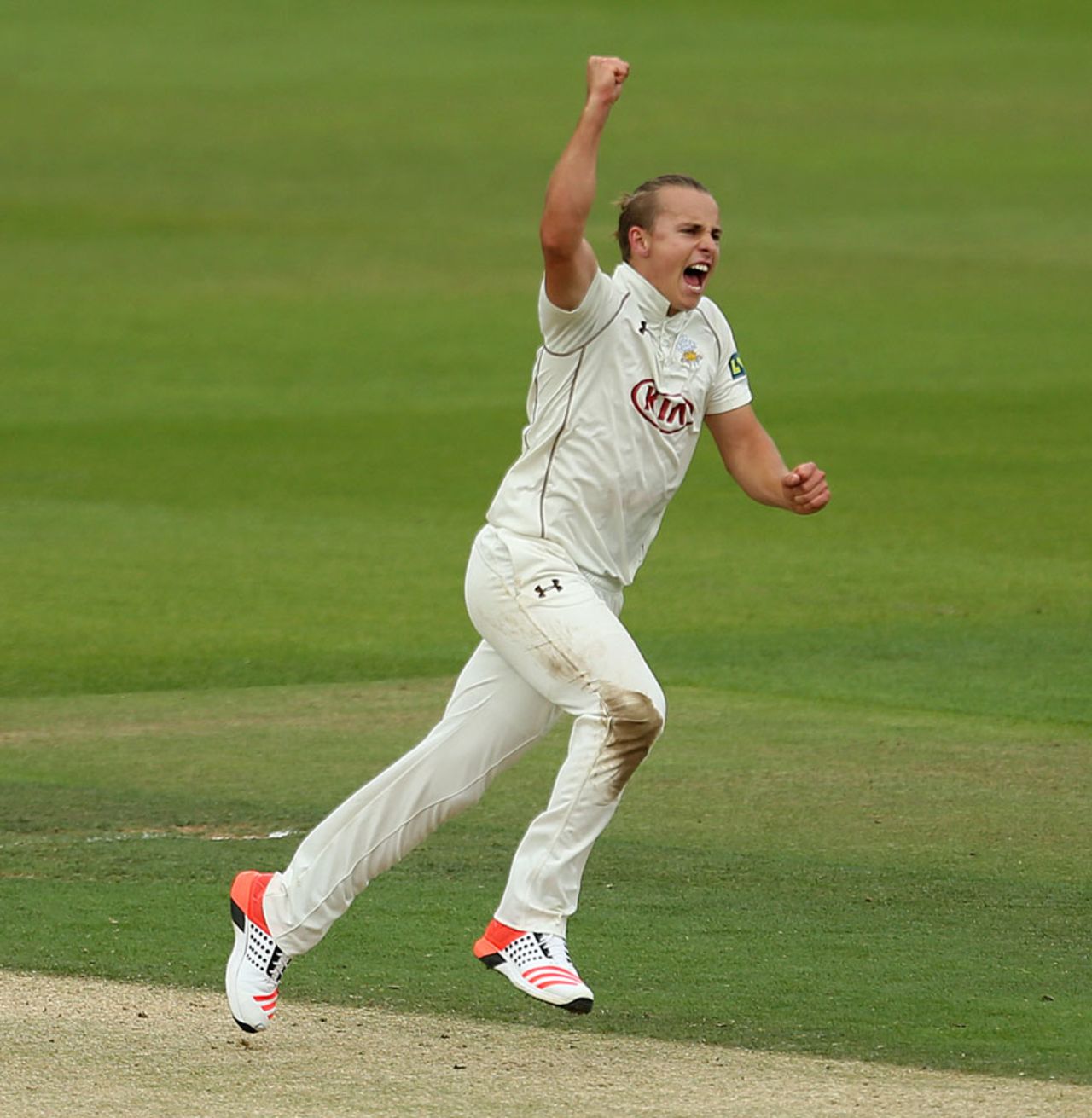 Tom Curran celebrates one of his two opening day wickets, Surrey v Kent, LV= County Championship Division One, The Oval, 1st day, July 13, 2015
