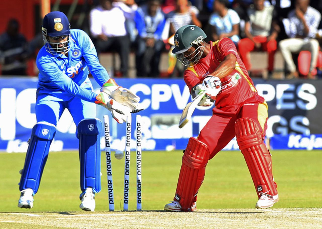 Regis Chakabva was bowled by Axar Patel for 27, Zimbabwe v India, 3rd ODI, Harare, July 14, 2015