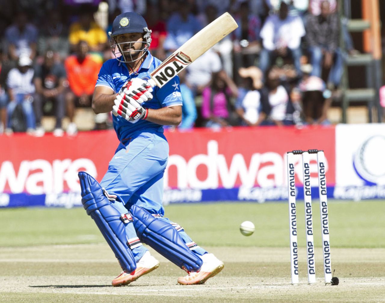 Kedar Jadhav works the ball on the leg side, Zimbabwe v India, 2nd ODI, Harare, July 12 2015