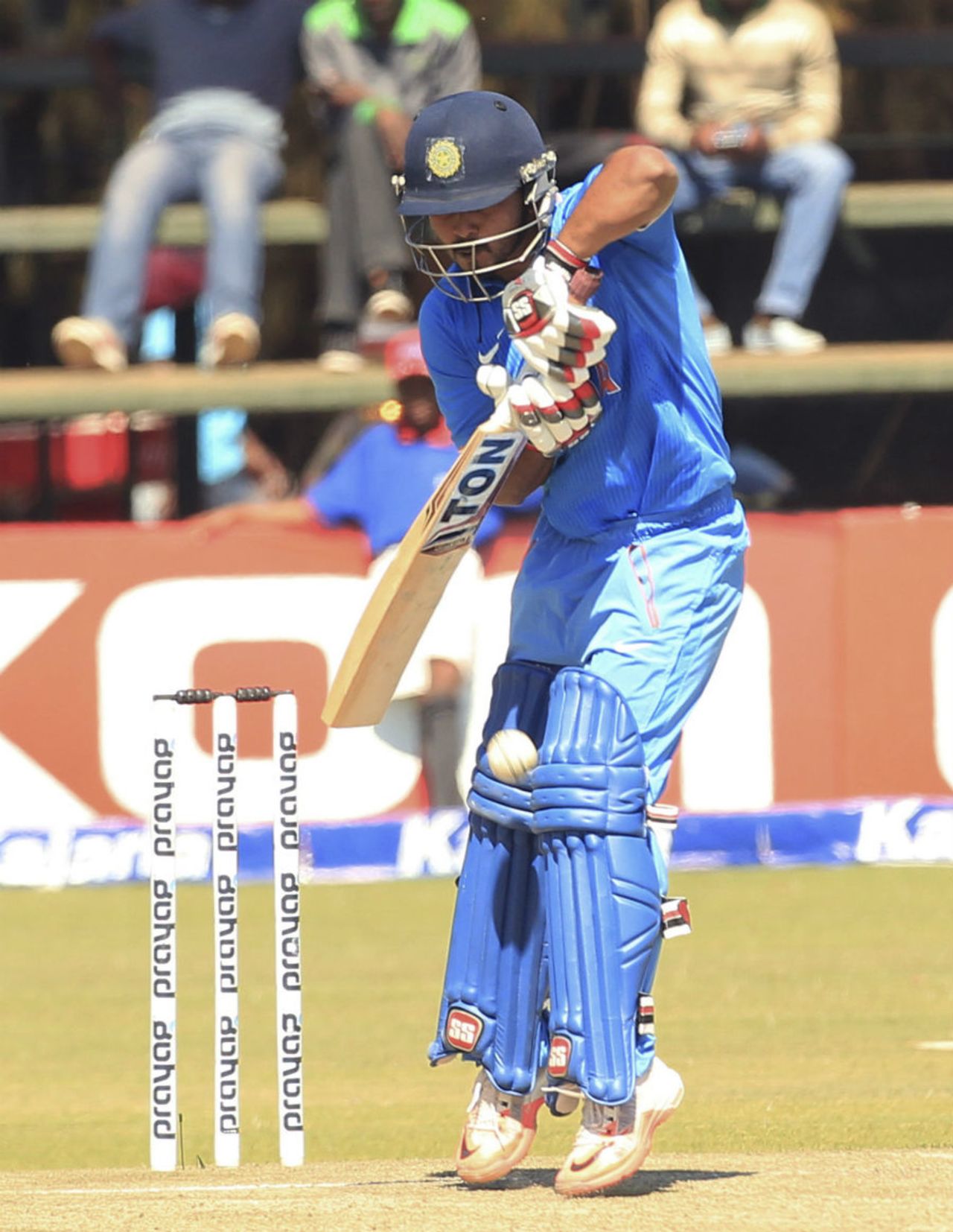 Kedar Jadhav gets up his toes to defend one, Zimbabwe v India, 2nd ODI, Harare, July 12 2015