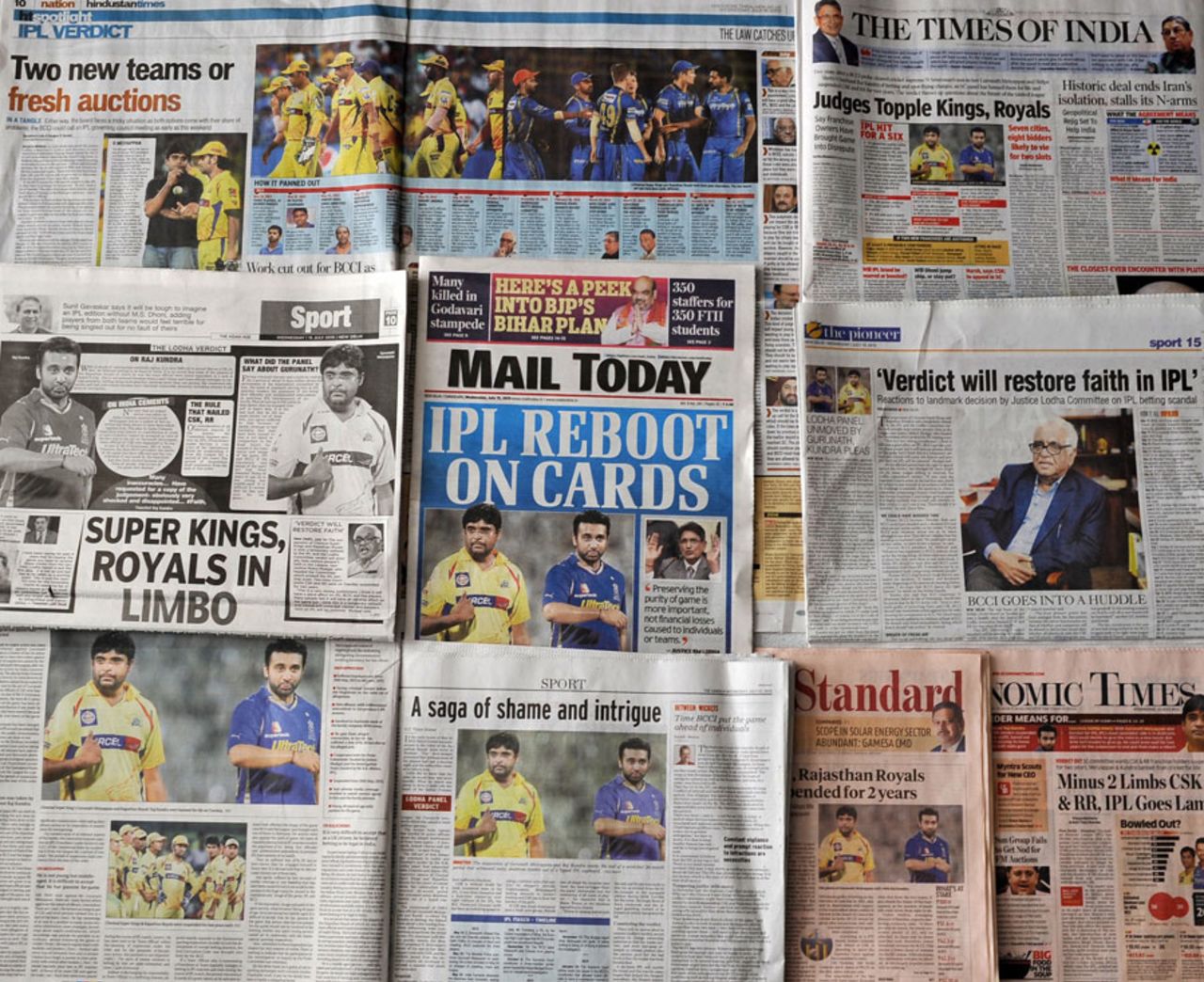 Newspaper coverage of the suspension of Chennai Super Kings and Rajasthan Royals, New Delhi, July 15, 2015