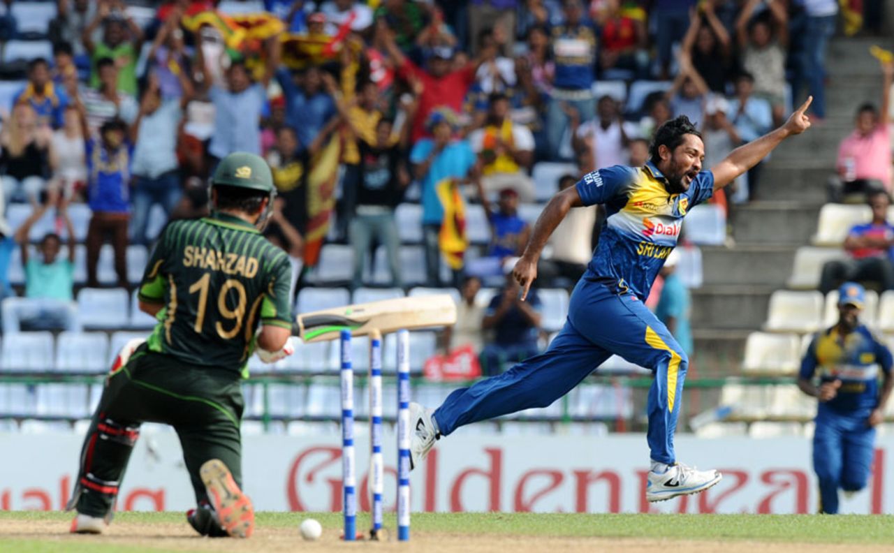 Sachith Pathirana took the wicket of Ahmed Shehzad on his ODI debut, Sri Lanka v Pakistan, 2nd ODI, Pallekele, July 15, 2015