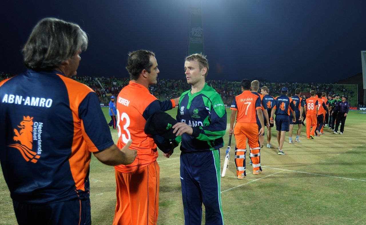 Peter Borren (left) shakes hands with William Porterfield after the match, Ireland v Netherlands, World T20, Group B, Sylhet, March 21, 2014
