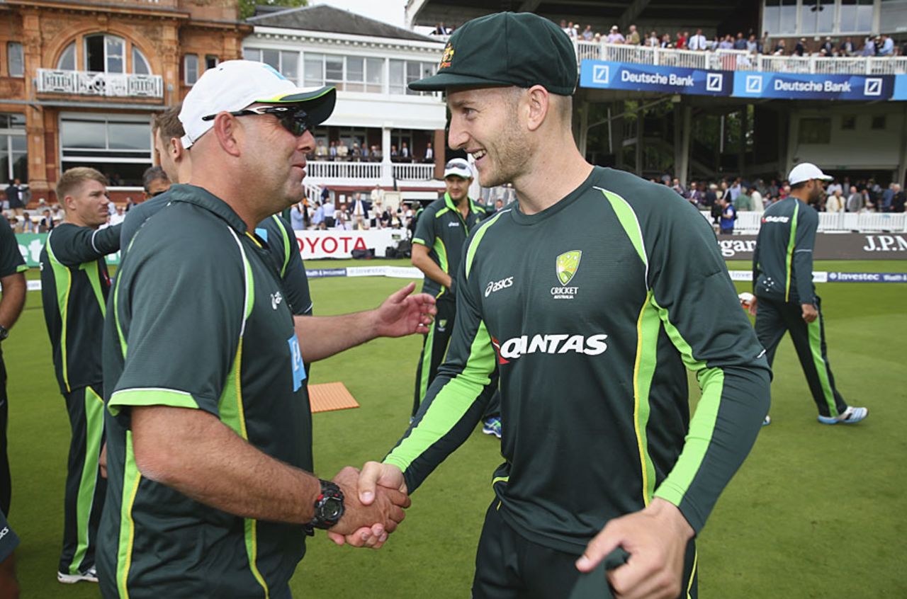 Peter Nevill is congratulated by Darren Lehmann, the Australia coach, after receiving his baggy green, England v Australia, 2nd Investec Ashes Test, Lord's, July 16, 2015