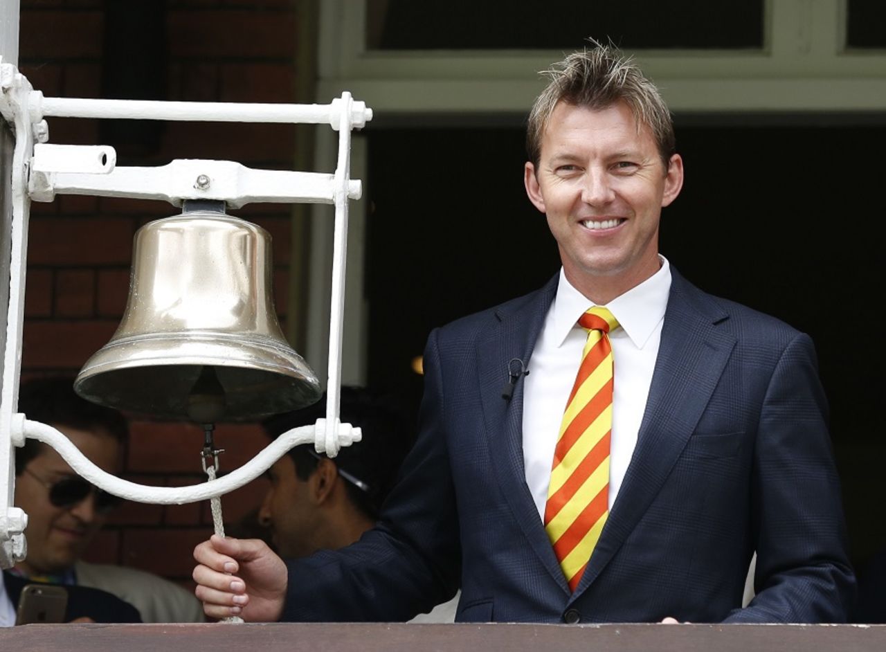 Brett Lee rings the five-minute bell ahead of the start of play on the second day,England v Australia, 2nd Investec Ashes Test, Lord's, 2nd day, July 17, 2015
