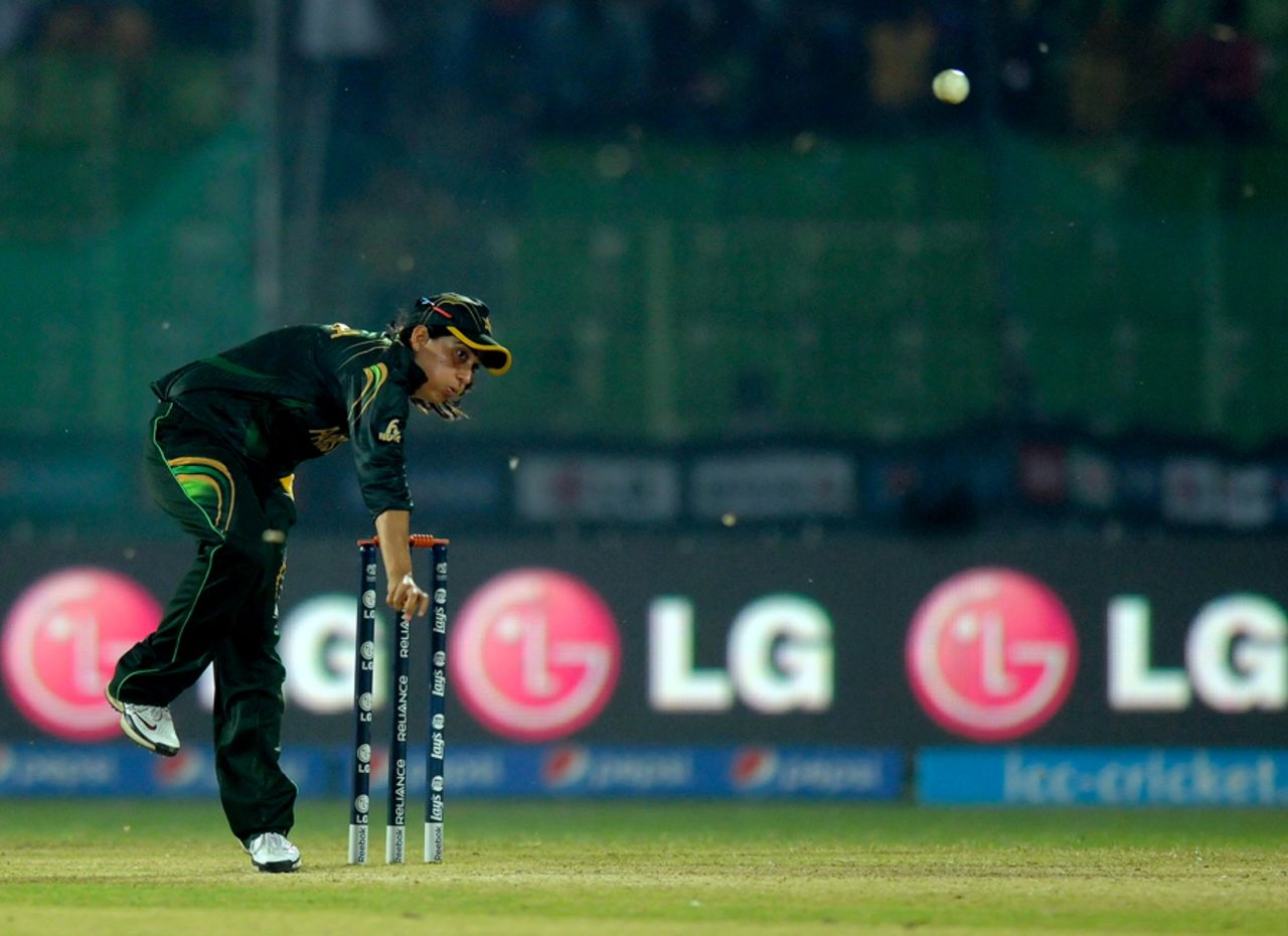 Sana Mir delivers the ball, Women's World T20, Australia Women v Pakistan Women, Sylhet, March 29, 2014