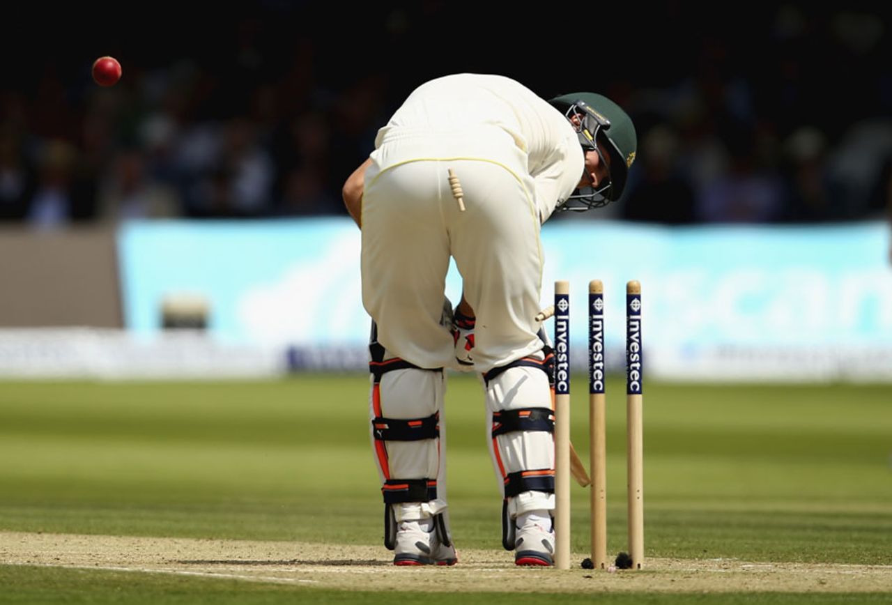 Mitchell Marsh dragged on to his stumps, England v Australia, 2nd Investec Ashes Test, Lord's, 2nd day, July 17, 2015