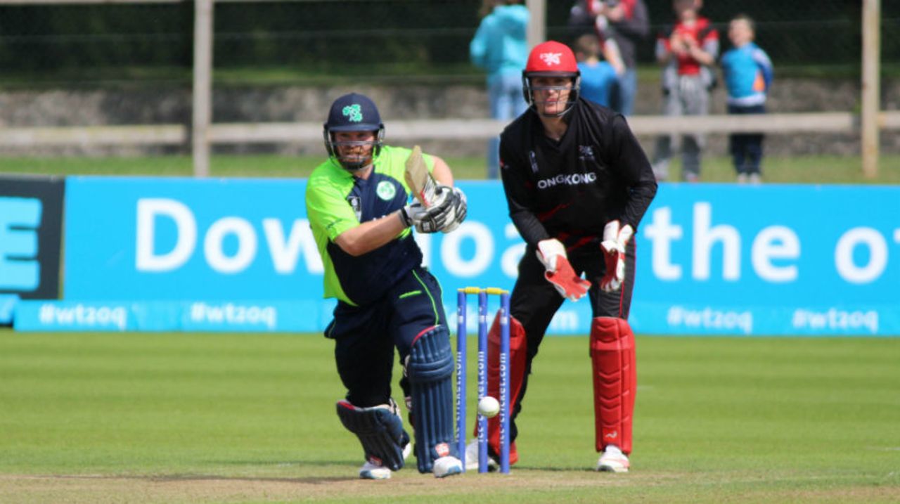 Paul Stirling drives through the on side, Ireland v Hong Kong, World T20 Qualifier, Group A, Dublin, July 17, 2015