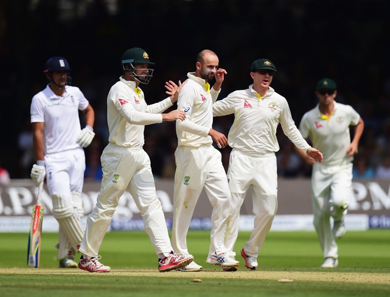 Nathan Lyon is flanked by his team-mates, England v Australia, 2nd Investec Ashes Test, Lord's, 3rd day, July 18, 2015