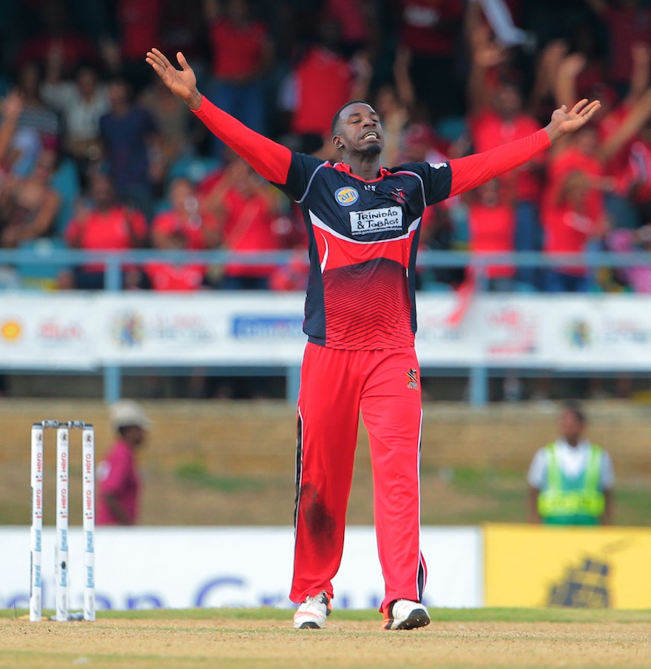 Derone Davis celebrates one of his three wickets, Trinidad & Tobago Red Steel v St Kitts and Nevis Patriots, CPL 2015, Port-of-Spain, July 18, 2015