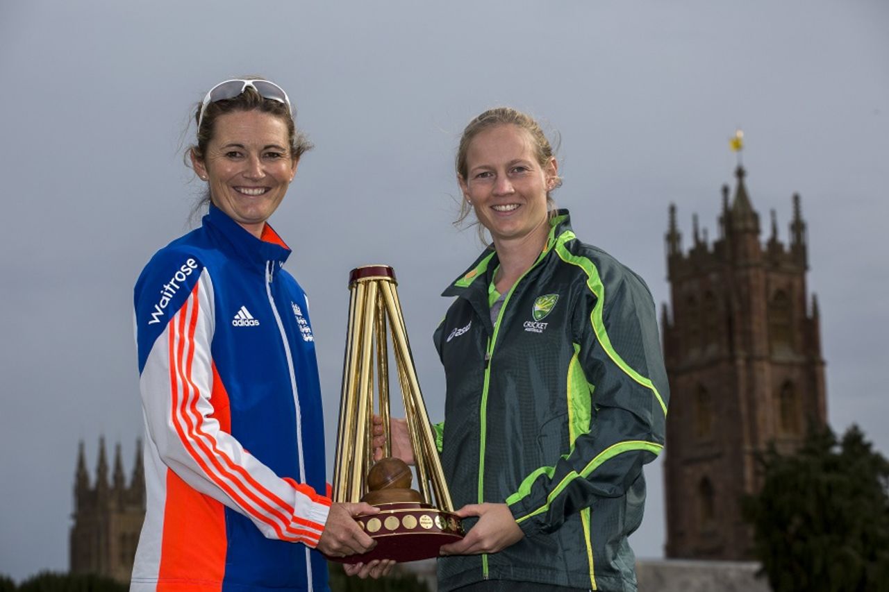 Charlotte Edwards and Meg Lanning pose with the Women's Ashes Trophy, Taunton, July 18, 2015