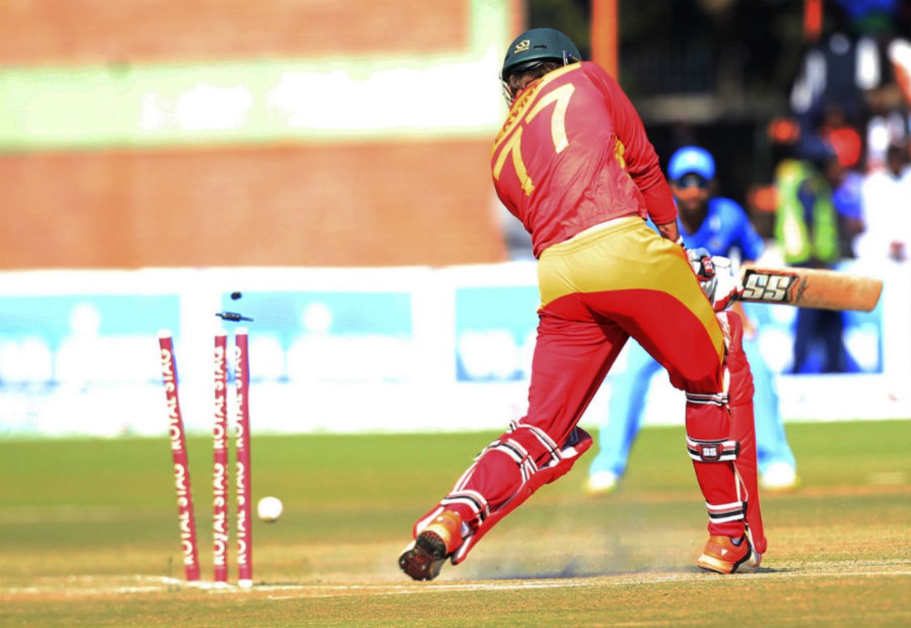 Craig Ervine is undone by a Bhuvneshwar Kumar yorker, Zimbabwe v India, 2nd T20I, Harare, July 19, 2015