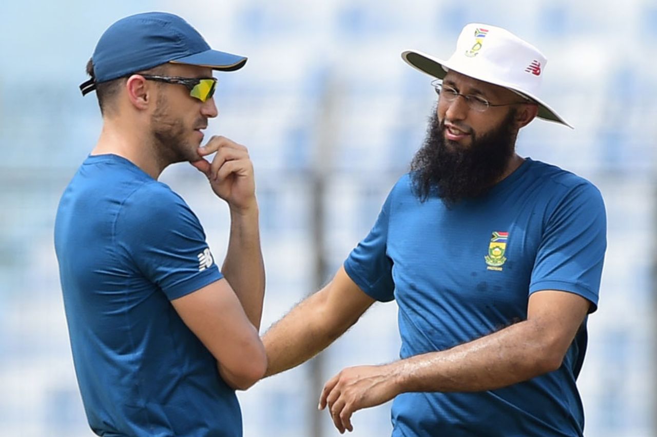 Hashim Amla and Faf du Plessis have a chat during a practice session, Chittagong, July 20, 2015