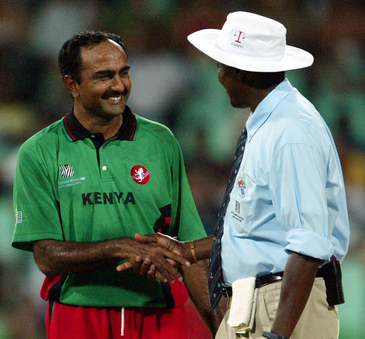Aasif Karim is congratulated by Steve Bucknor after his spell, Kenya v Australia, World Cup, Durban, March 15, 2003