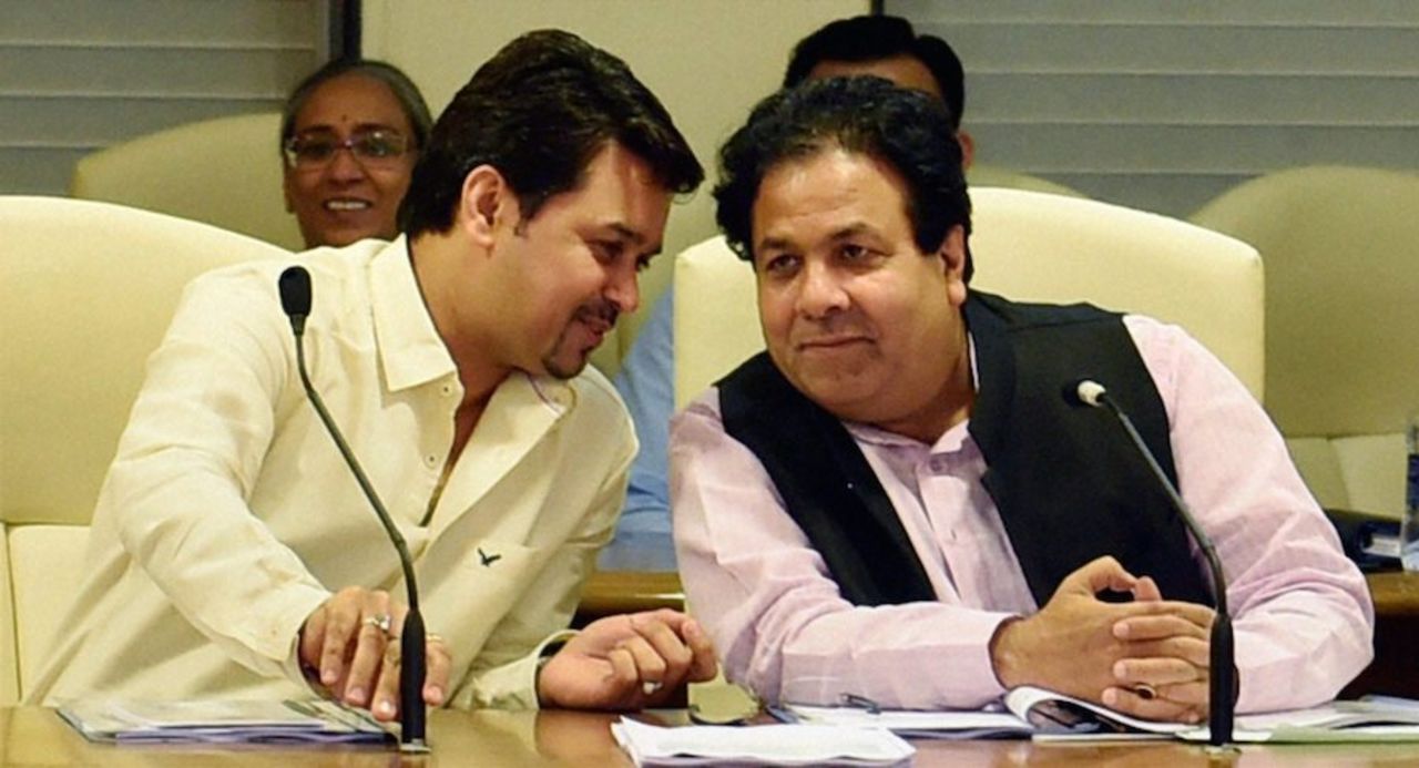 Anurag Thakur and Rajiv Shukla during the IPL governing council meet, Mumbai, July 19, 2015