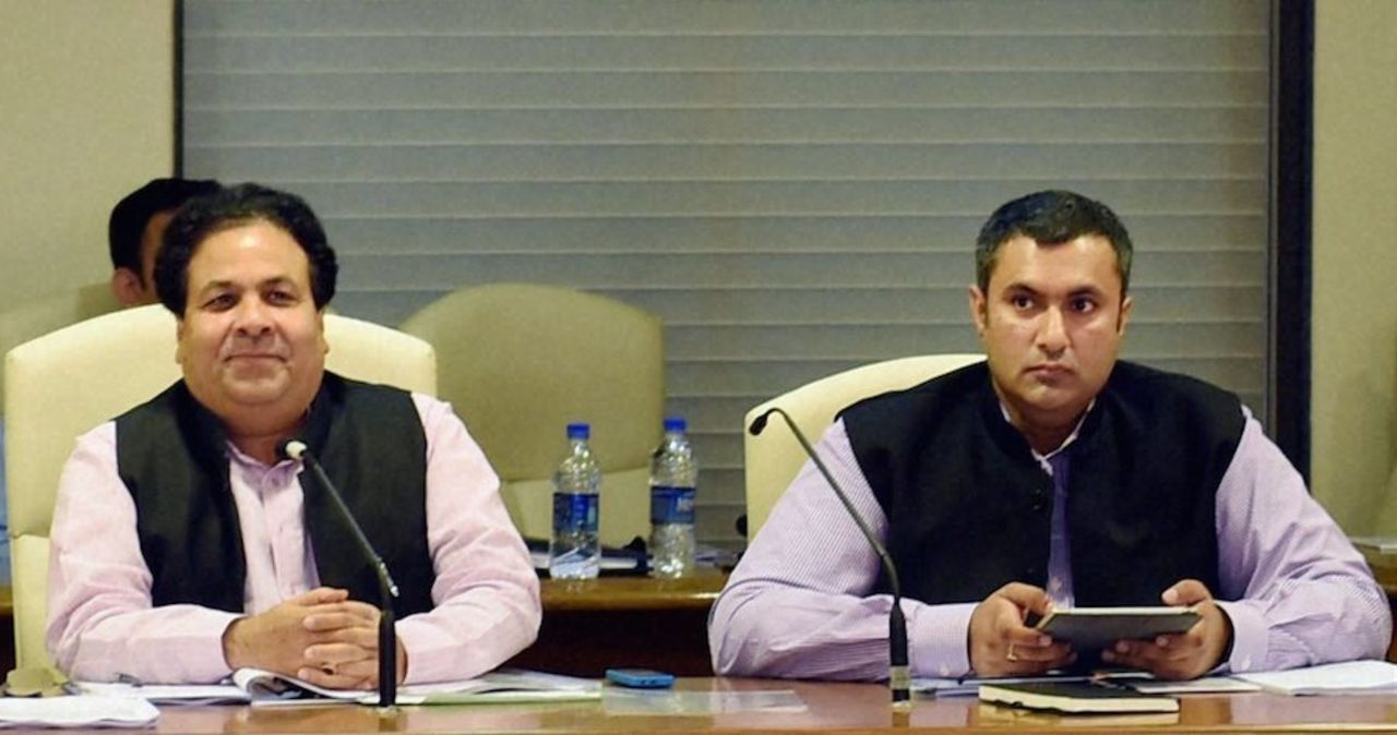 Rajiv Shukla and Anirudh Chaudhry attend the IPL governing council meet, Mumbai, July 19, 2015