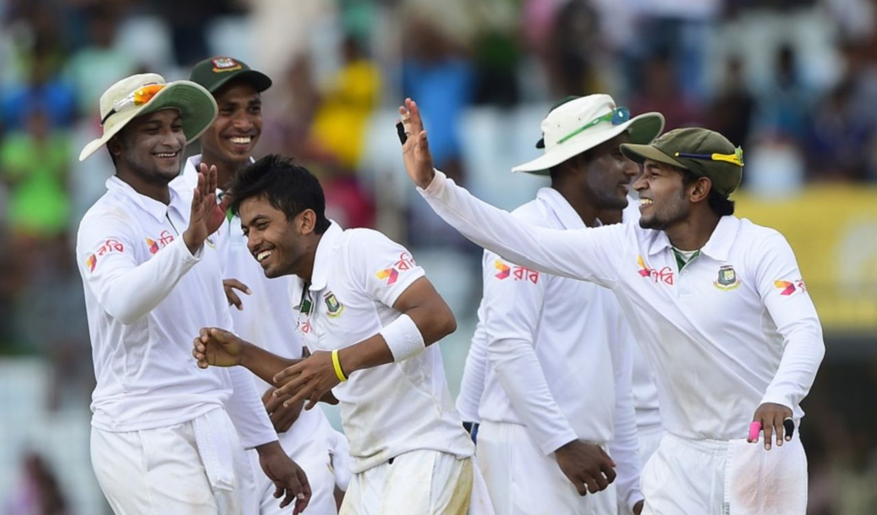Jubair Hussain is congratulated by his team-mates after he dismissed Dale Steyn, Bangladesh v South Africa, 1st Test, Chittagong, 1st day, July 21, 2015